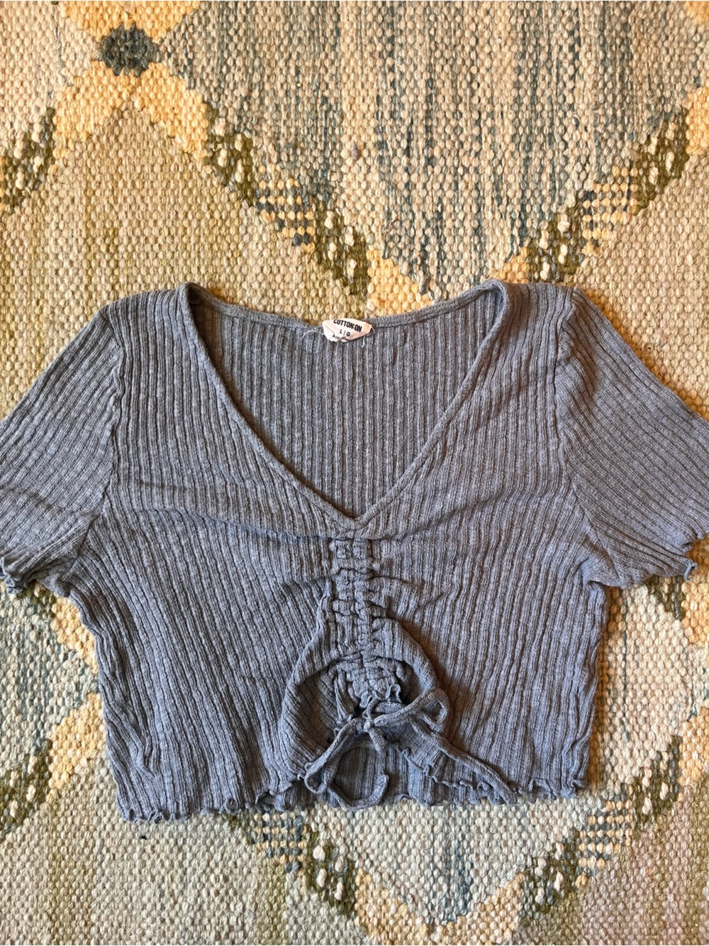 Cotton On Heather Gray/Blue Ribbed Lace-Up Crop Top